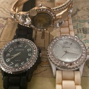 Three Geneva Fashion Watches: Black, Wht., & Silv.